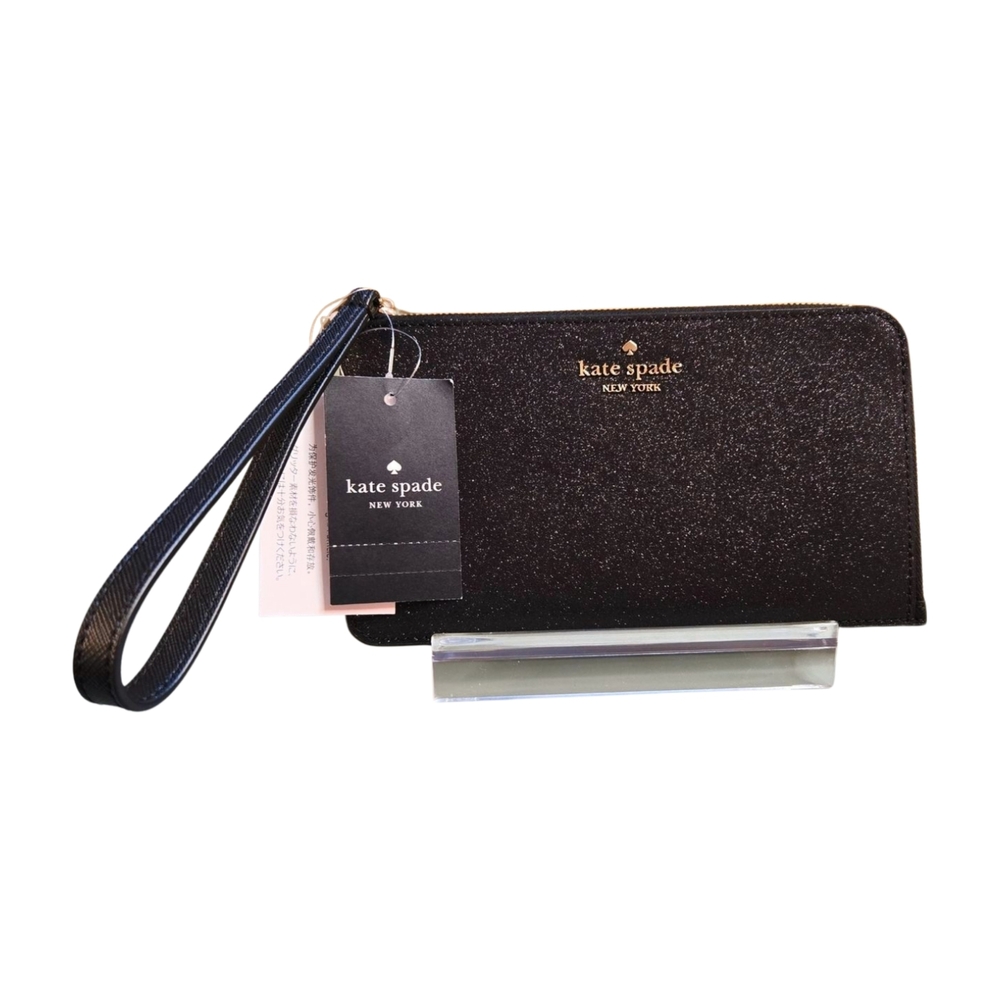 KATE SPADE Black Glitter Medium L-Zip Wristlet